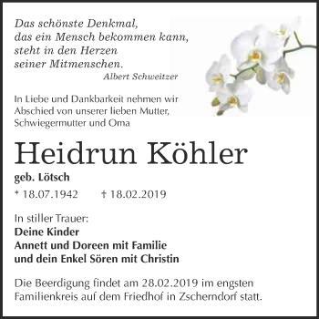 Traueranzeige von Heidrun Köhler von WVG - Wochenspiegel Bitterfeld