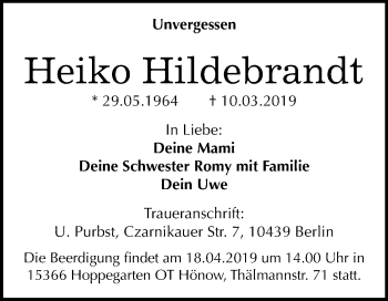 Traueranzeige von Heiko Hildebrandt von Mitteldeutsche Zeitung