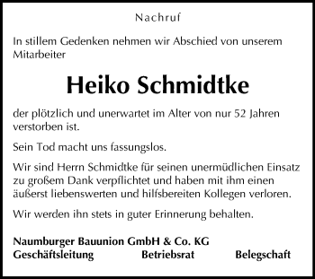 Traueranzeige von Heiko Schmidtke von Mitteldeutsche Zeitung Weißenfels