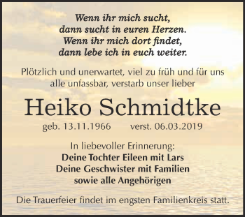 Traueranzeige von Heiko Schmidtke von WVG - Wochenspiegel NMB / WSF / ZTZ