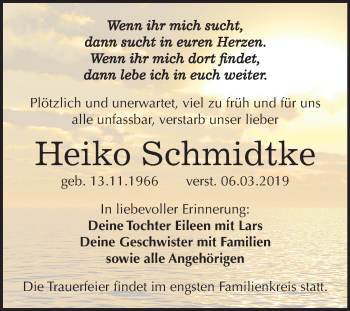Traueranzeige von Heiko Schmidtke von Mitteldeutsche Zeitung Weißenfels