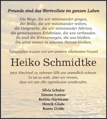 Traueranzeige von Heiko Schmidtke von WVG - Wochenspiegel NMB / WSF / ZTZ