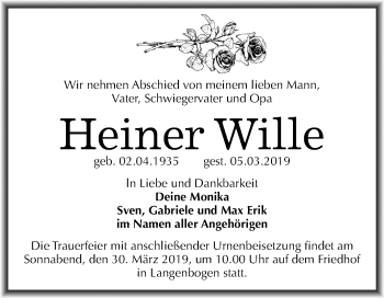 Traueranzeige von Heiner Wille von Mitteldeutsche Zeitung Halle/Saalkreis