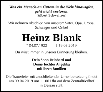 Traueranzeige von Heinz Blank von Mitteldeutsche Zeitung