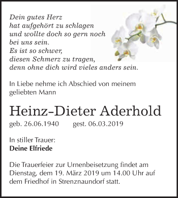 Traueranzeige von Heinz-Dieter Aderhold von Super Sonntag Bernburg