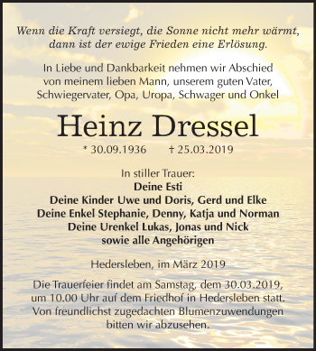 Traueranzeige von Heinz Dressel von Mitteldeutsche Zeitung