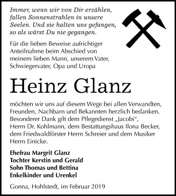 Traueranzeige von Heinz Glanz von Super Sonntag SGH Mansf. Land