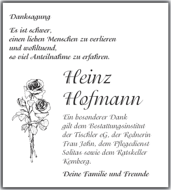 Traueranzeige von Heinz Hofmann von WVG - Wochenspiegel Wittenberg