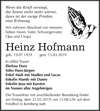Traueranzeige von Heinz Hofmann von Mitteldeutsche Zeitung