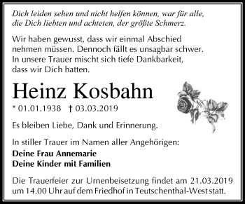 Traueranzeige von Heinz Kosbahn von Mitteldeutsche Zeitung Halle/Saalkreis