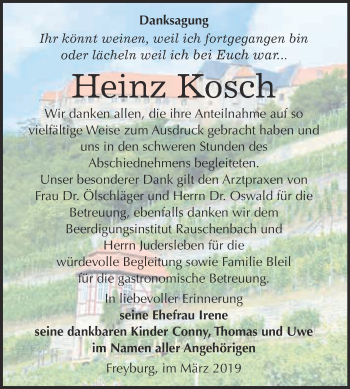 Traueranzeige von Heinz Kosch von WVG - Wochenspiegel NMB / WSF / ZTZ