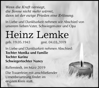 Traueranzeige von Heinz Lemke von Mitteldeutsche Zeitung Quedlinburg