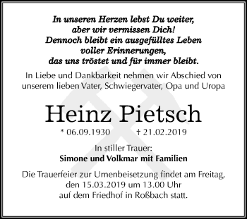 Traueranzeige von Heinz Pietsch von Mitteldeutsche Zeitung Merseburg/Querfurt