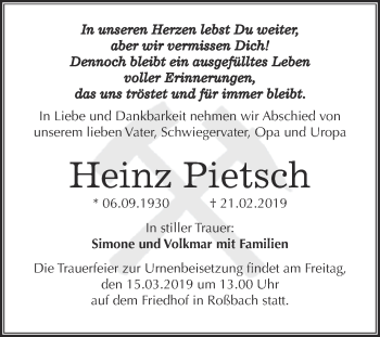 Traueranzeige von Heinz Pietsch von WVG - Wochenspiegel Merseburg