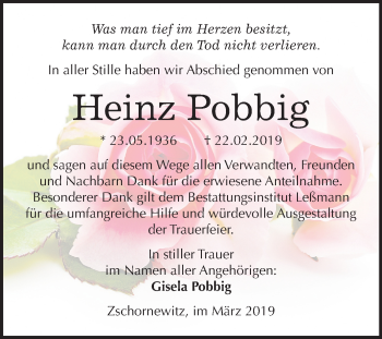 Traueranzeige von Heinz Pobbig von Mitteldeutsche Zeitung