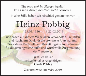 Traueranzeige von Heinz Pobbig von WVG - Wochenspiegel Wittenberg