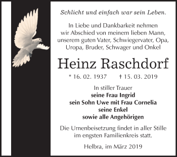 Traueranzeige von Heinz Raschdorf von Mitteldeutsche Zeitung Mansfelder Land