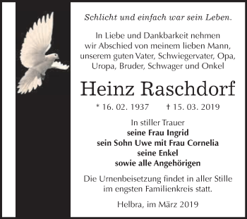Traueranzeige von Heinz Raschdorf von Wochenspiegel Mansfelder Land