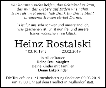 Traueranzeige von Heinz Rostalski von Mitteldeutsche Zeitung
