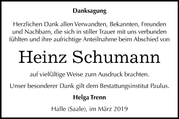 Traueranzeige von Heinz Schumann von Mitteldeutsche Zeitung Halle/Saalkreis