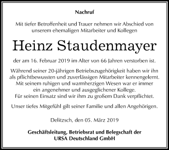 Traueranzeige von Heinz Staudenmayer von Mitteldeutsche Zeitung Bitterfeld