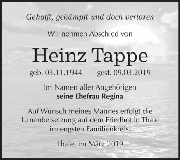 Traueranzeige von Heinz Tappe von WVG - Wochenspiegel Quedlinburg