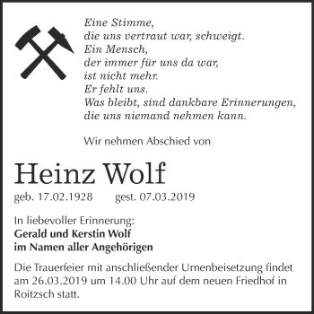 Traueranzeige von Heinz Wolf von WVG - Wochenspiegel Bitterfeld