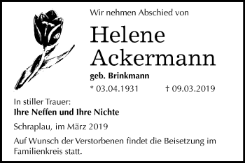 Traueranzeige von Helene Ackermann von Mitteldeutsche Zeitung Merseburg/Querfurt