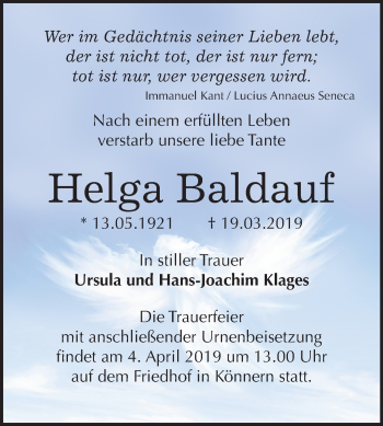 Traueranzeige von Helga Baldauf von Mitteldeutsche Zeitung