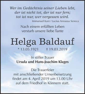 Traueranzeige von Helga Baldauf von Super Sonntag Bernburg