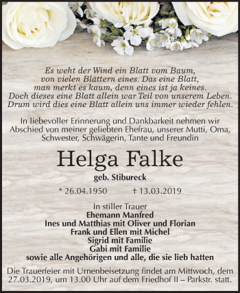 Traueranzeige von Helga Falke von Mitteldeutsche Zeitung Bernburg