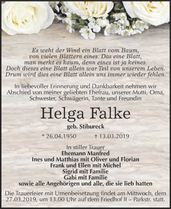 Traueranzeige von Helga Falke von Super Sonntag Bernburg