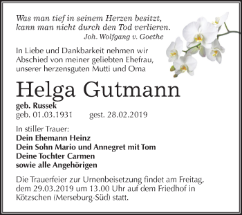 Traueranzeige von Helga Gutmann von Mitteldeutsche Zeitung Merseburg/Querfurt
