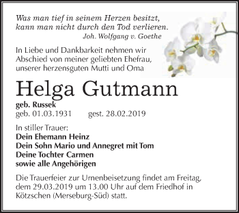 Traueranzeige von Helga Gutmann von WVG - Wochenspiegel Merseburg