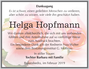 Traueranzeige von Helga Hopfmann von Mitteldeutsche Zeitung Merseburg/Querfurt