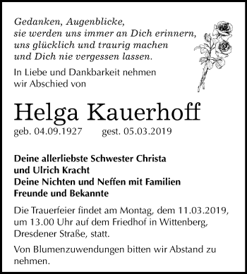 Traueranzeige von Helga Kauerhoff von Mitteldeutsche Zeitung
