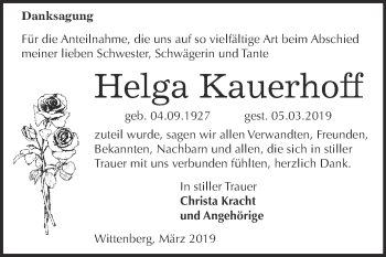Traueranzeige von Helga Kauerhoff von Super Sonntag Wittenberg