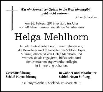 Traueranzeige von Helga Mehlhorn von Mitteldeutsche Zeitung