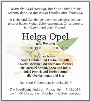Traueranzeige von Helga Opel von WVG - Wochenspiegel Merseburg