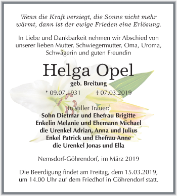 Traueranzeige von Helga Opel von Mitteldeutsche Zeitung Merseburg/Querfurt