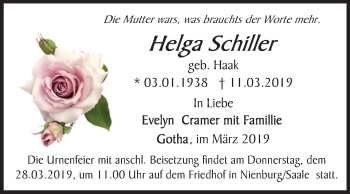 Traueranzeige von Helga Schiller von Mitteldeutsche Zeitung Bernburg
