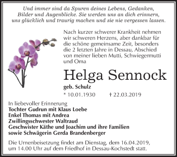 Traueranzeige von Helga Sennock von Mitteldeutsche Zeitung