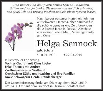Traueranzeige von Helga Sennock von WVG - Wochenspiegel Dessau / Köthen