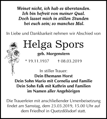Traueranzeige von Helga Spors von WVG - Wochenspiegel Bitterfeld