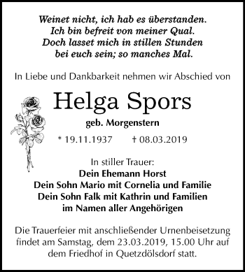 Traueranzeige von Helga Spors von Mitteldeutsche Zeitung Bitterfeld