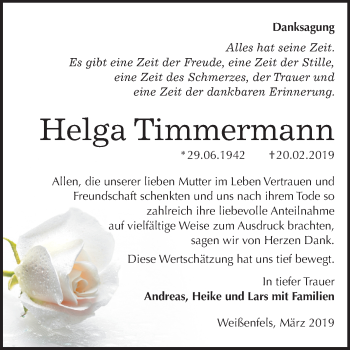Traueranzeige von Helga Timmermann von Mitteldeutsche Zeitung Weißenfels
