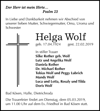 Traueranzeige von Helga Wolf von Mitteldeutsche Zeitung