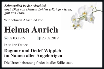 Traueranzeige von Helma Aurich von WVG - Wochenspiegel Dessau / Köthen