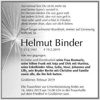 Traueranzeige von Helmut Binder von Mitteldeutsche Zeitung Mansfelder Land
