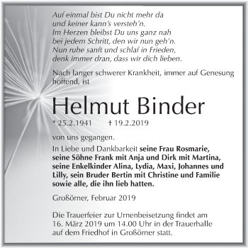 Traueranzeige von Helmut Binder von Wochenspiegel Mansfelder Land